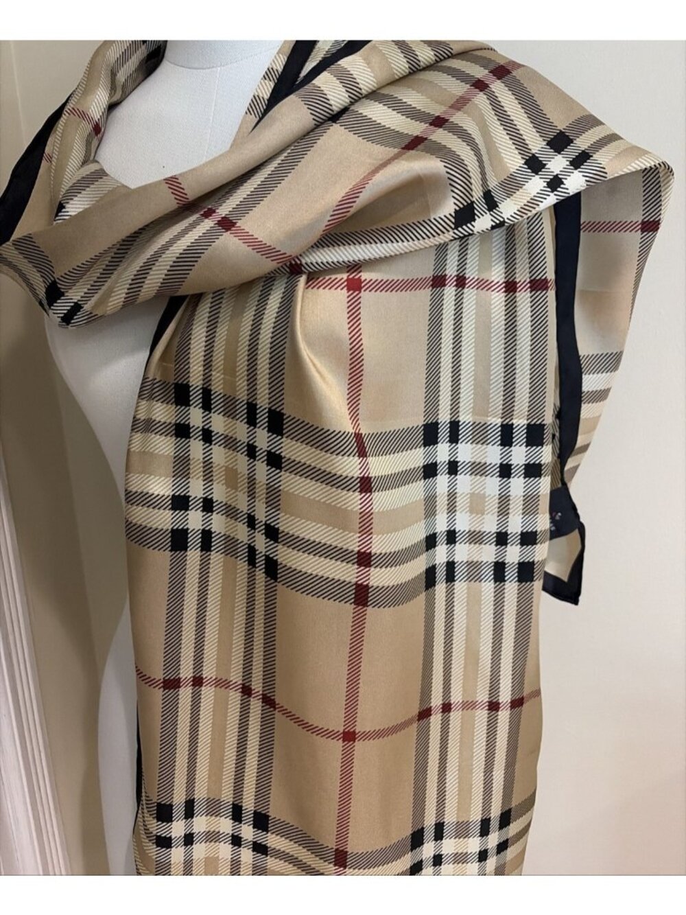 V. Fraas 100% Silk Plaid Silk Scarf 71 X 13" Beige Red Black Old Money Luxury - Picture 2 of 8